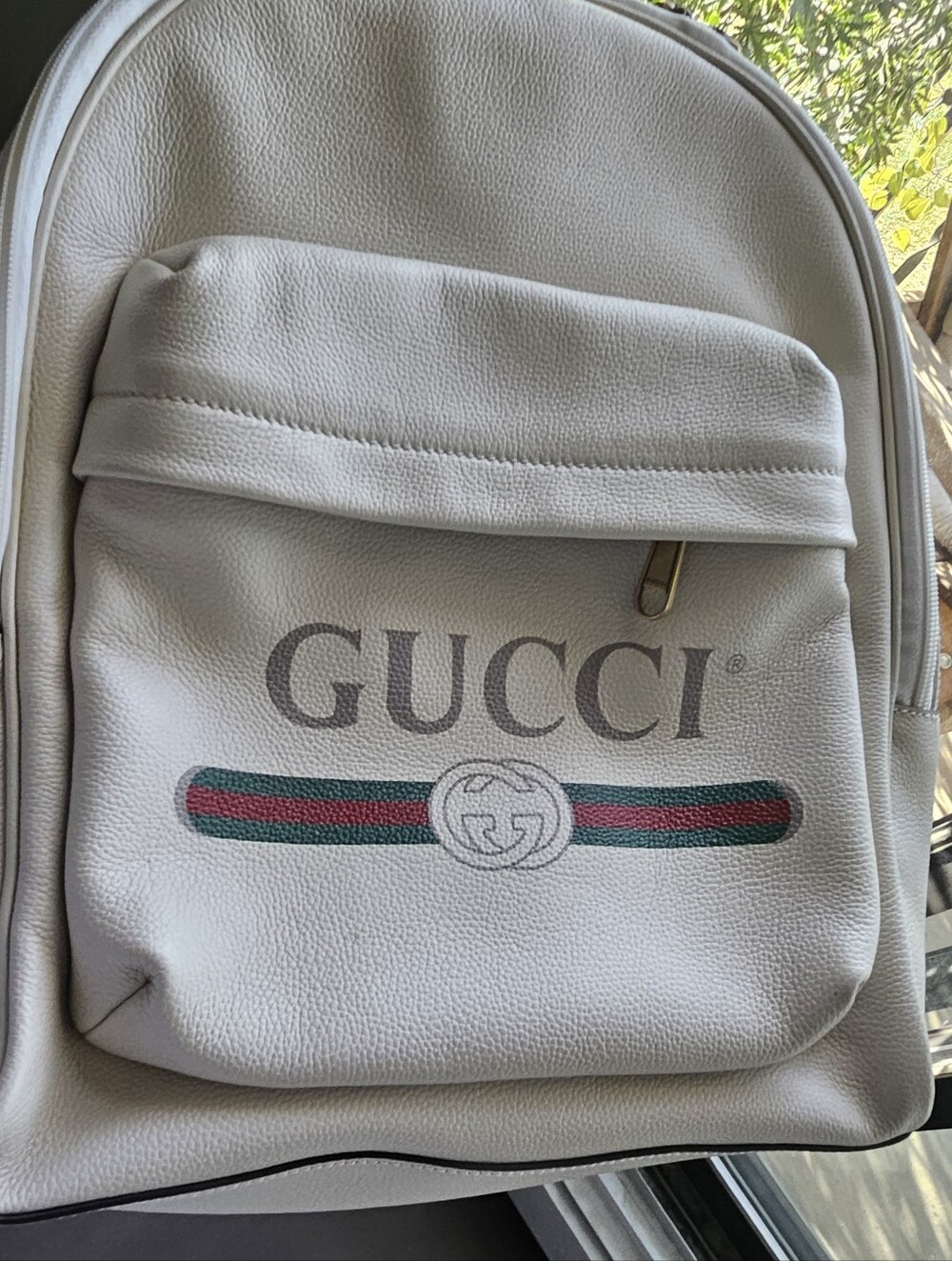 Gucci White Leather Backpack with Green and Red Web Stripe and Logo